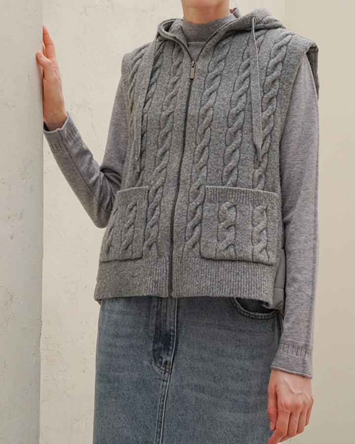(F/W)Cable-Knit Quilted Vest