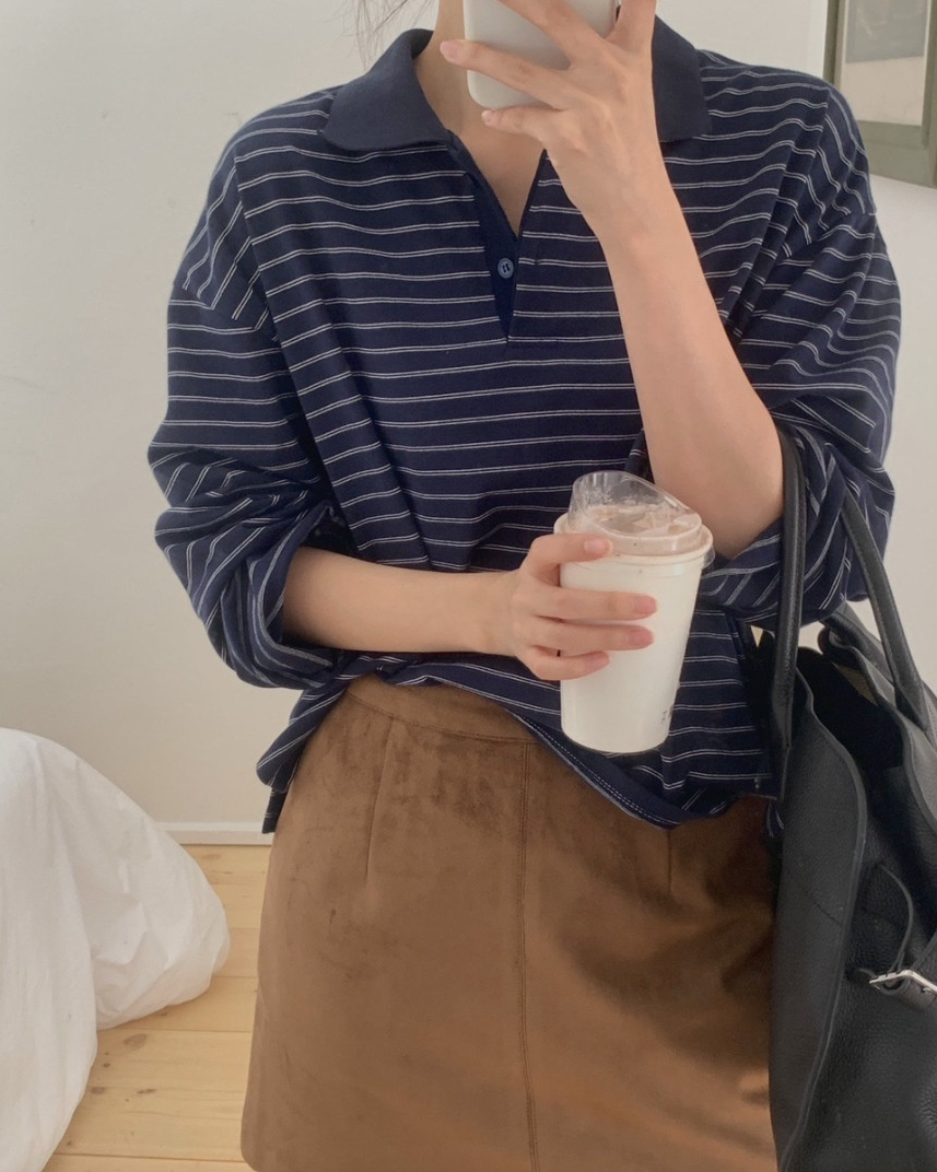 Round collar striped tee