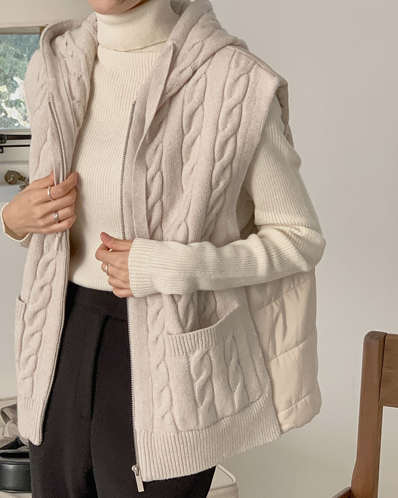 (F/W)Cable-Knit Quilted Vest