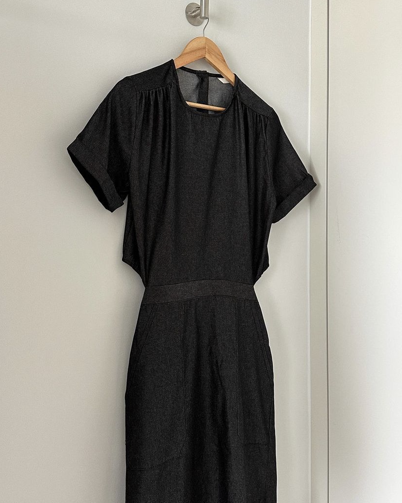 Denim back button dress