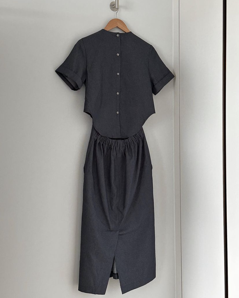 Denim back button dress