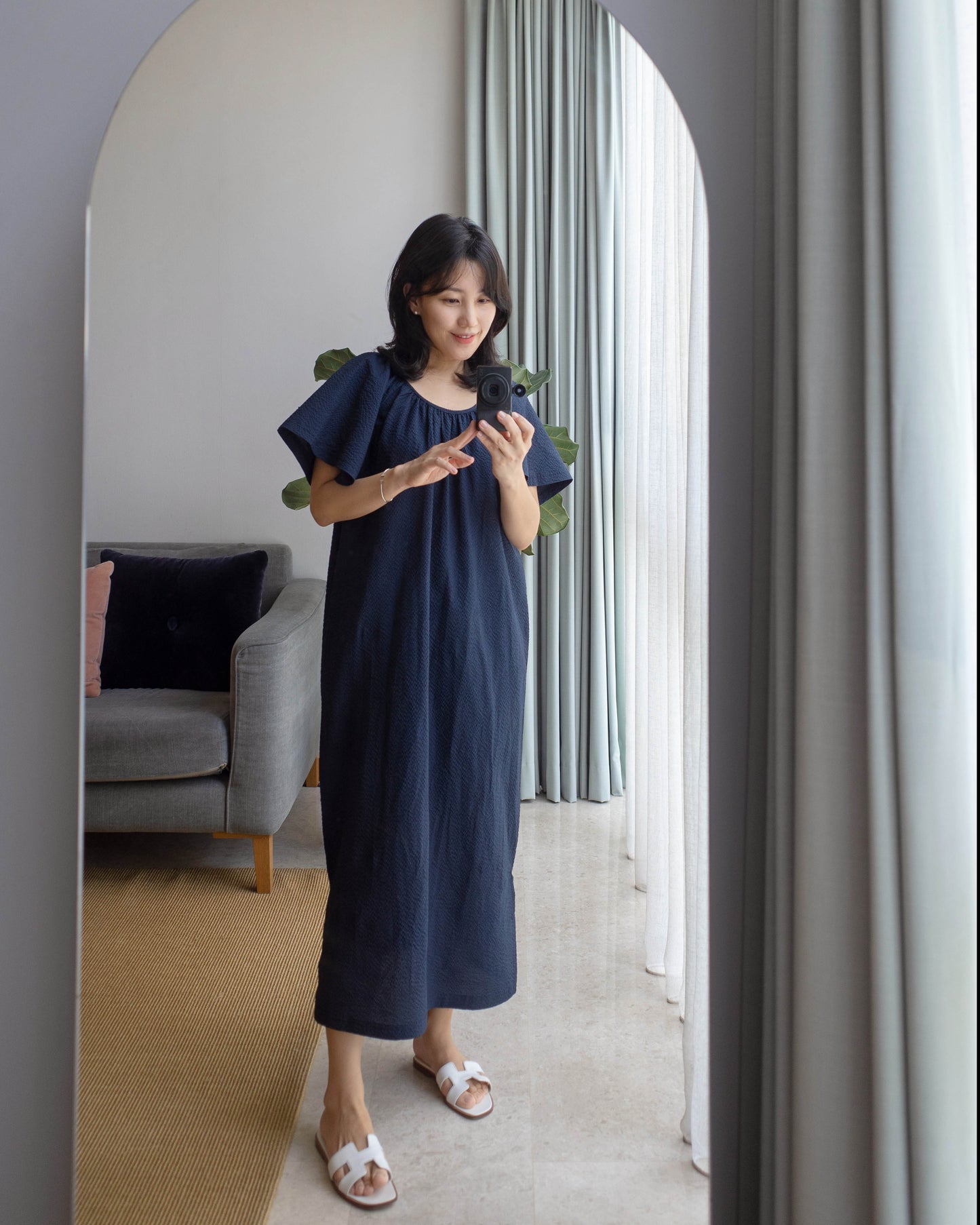 Seersucker wing sleeves dress