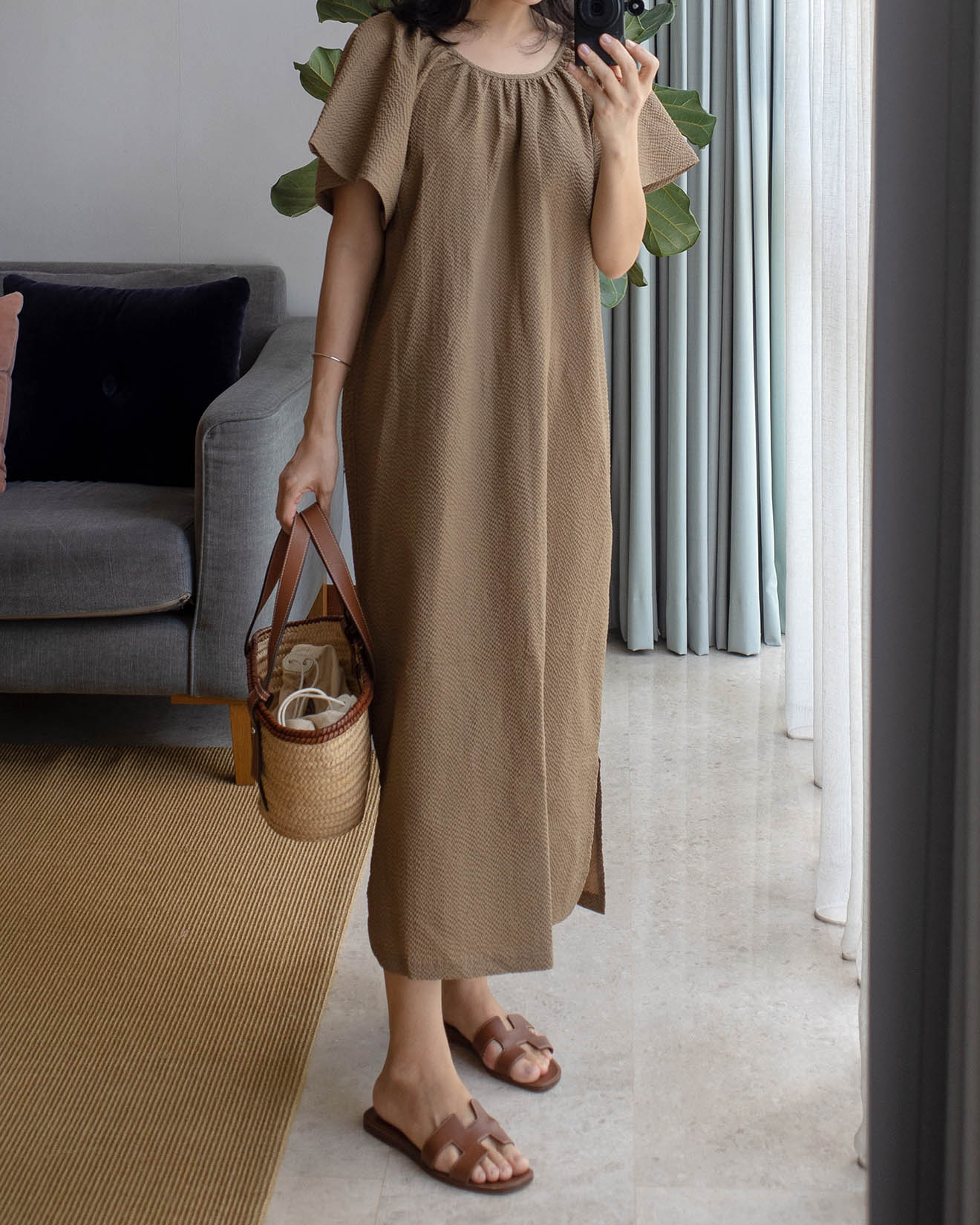 Seersucker wing sleeves dress