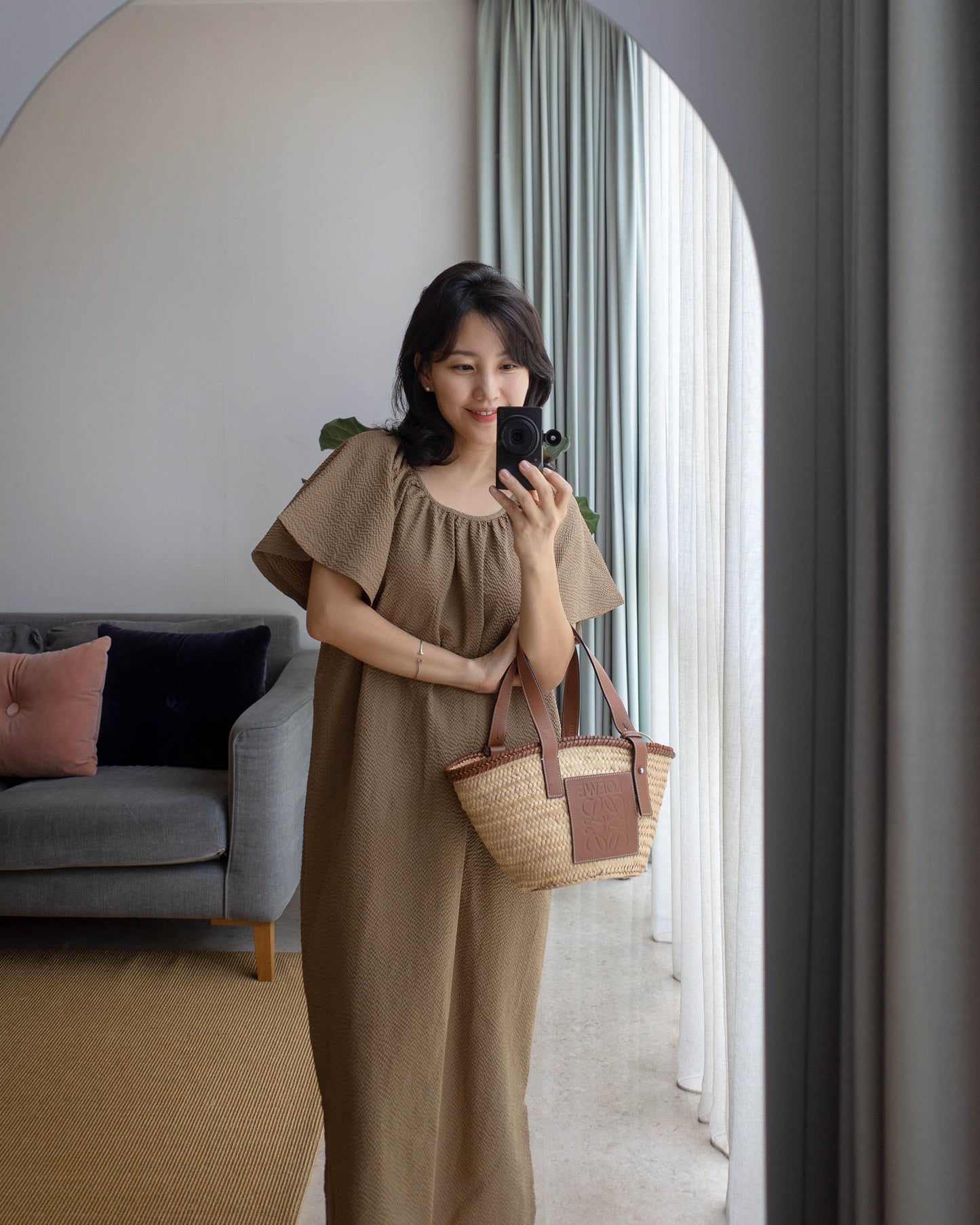 Seersucker wing sleeves dress