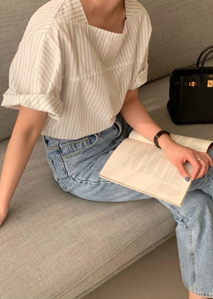 Seersucker boatneck blouse
