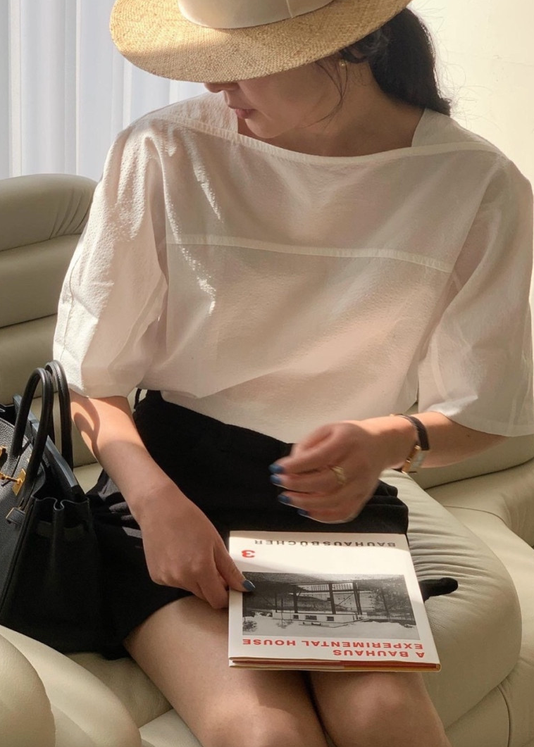 Seersucker boatneck blouse