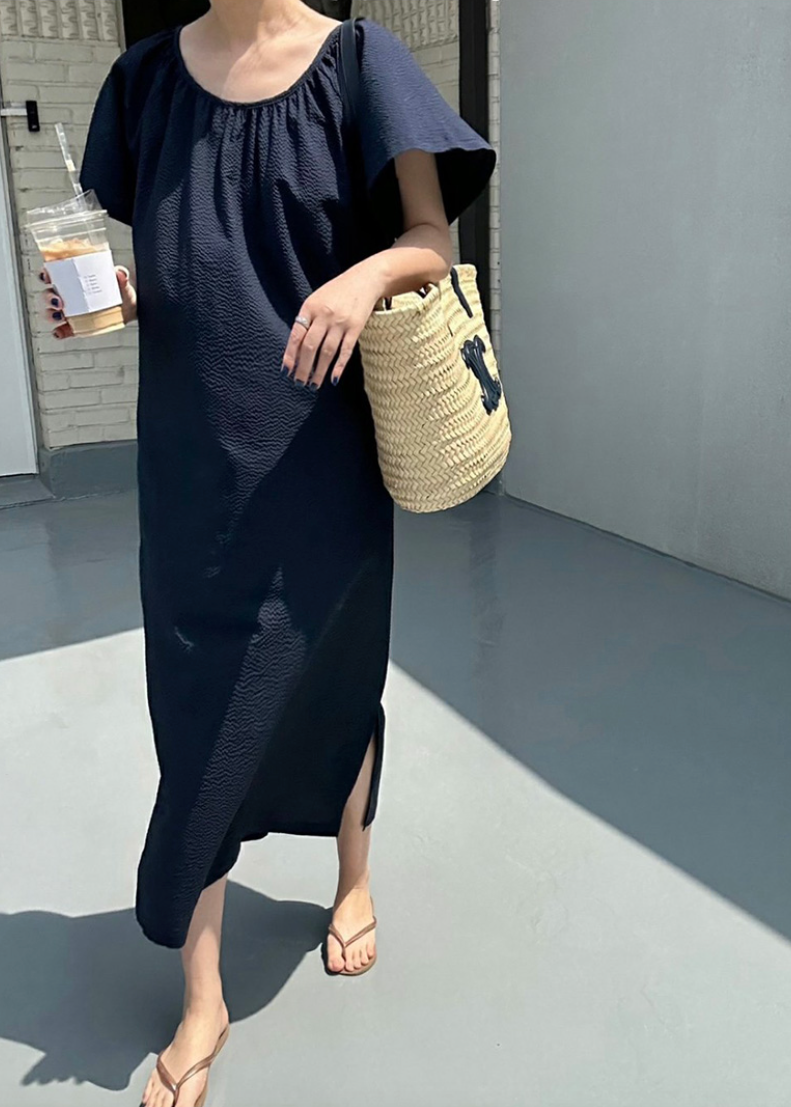 Seersucker wing sleeves dress