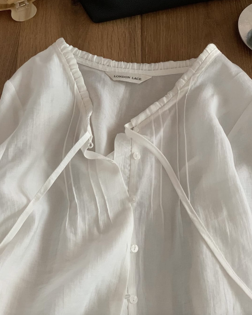 Lace neckline pintuck blouse