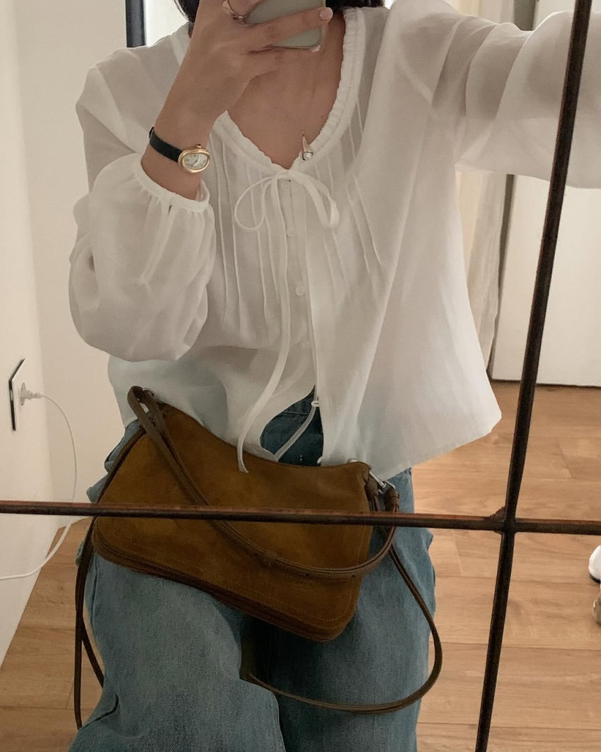 Lace neckline pintuck blouse