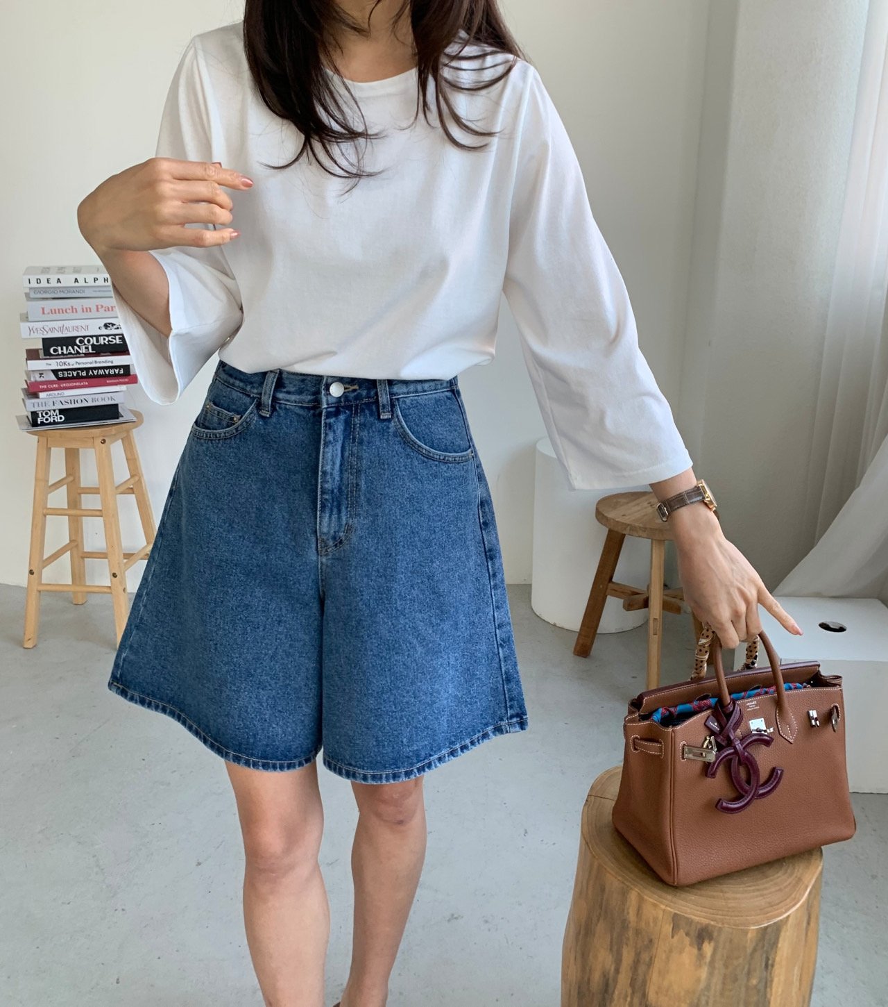 A line denim shorts