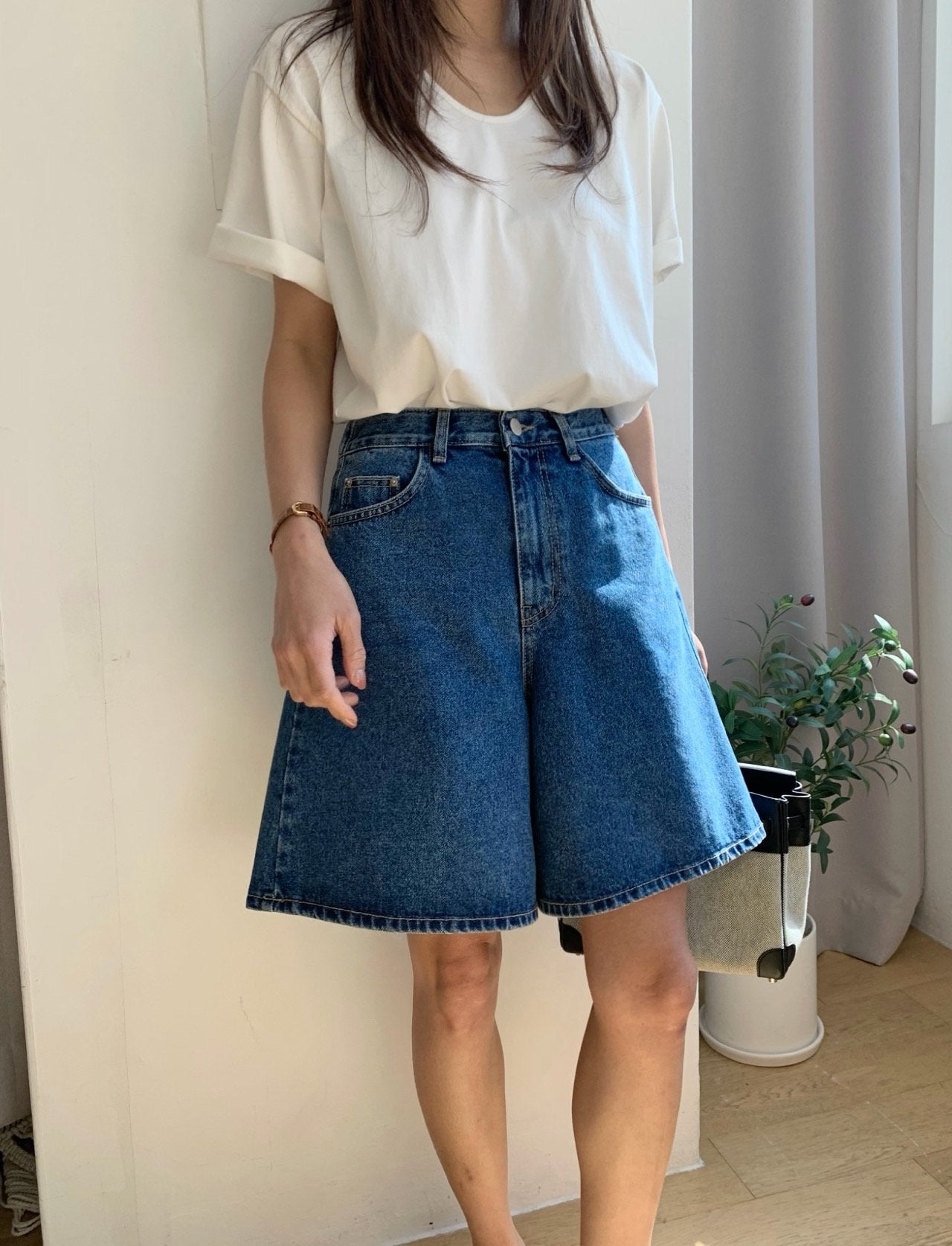 A line denim shorts