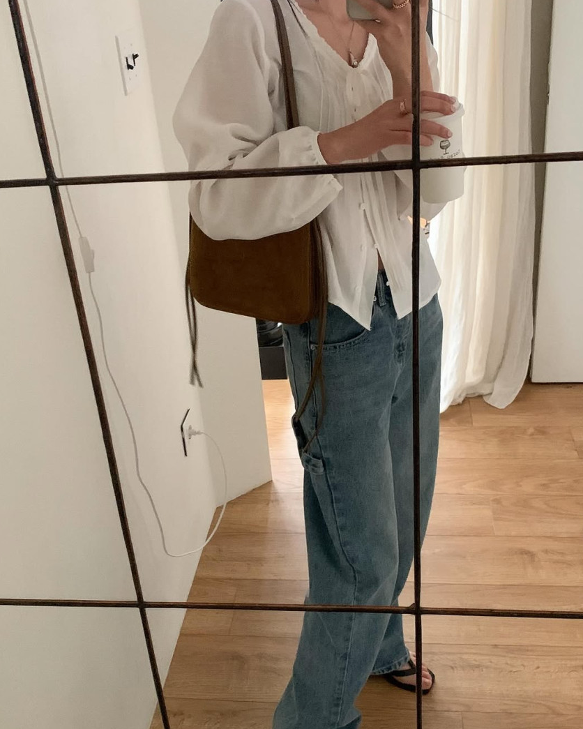 Lace neckline pintuck blouse