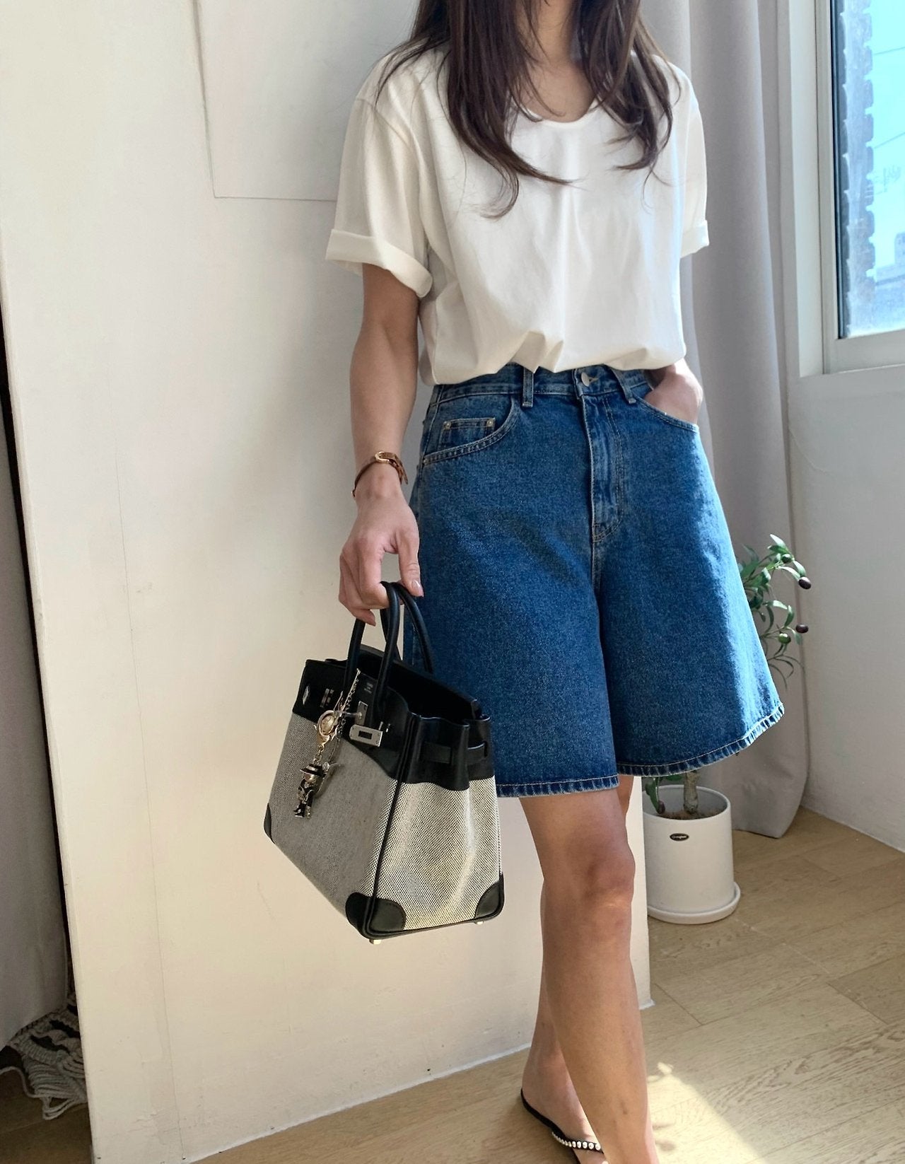 A line denim shorts