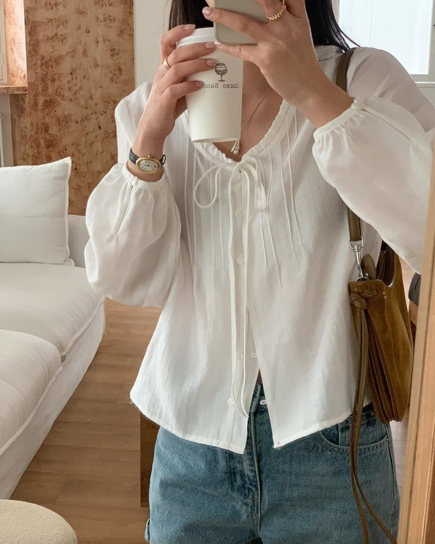 Lace neckline pintuck blouse