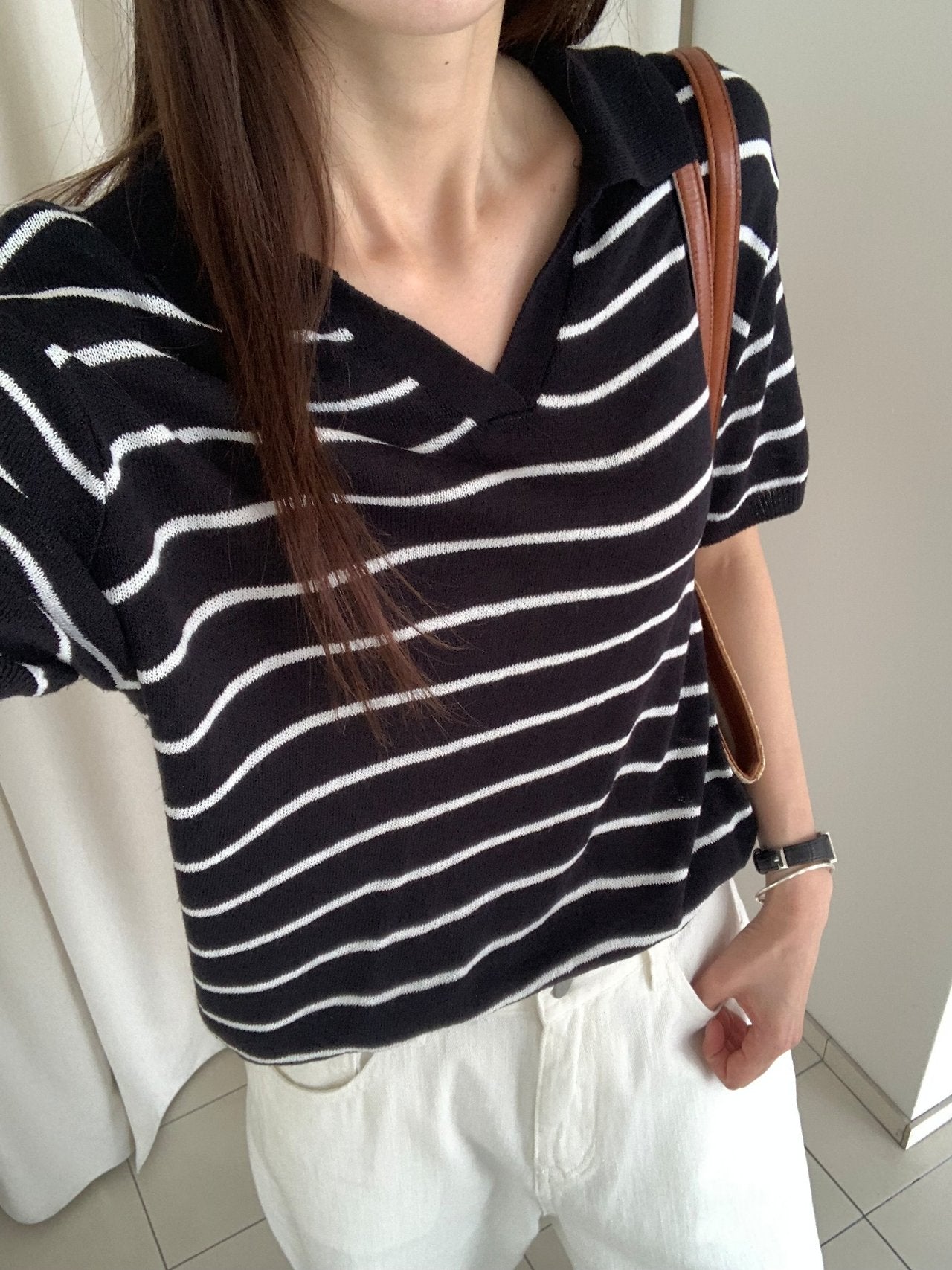 Linen striped knit top
