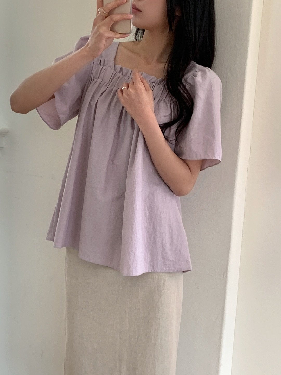 Nylon shirring blouse