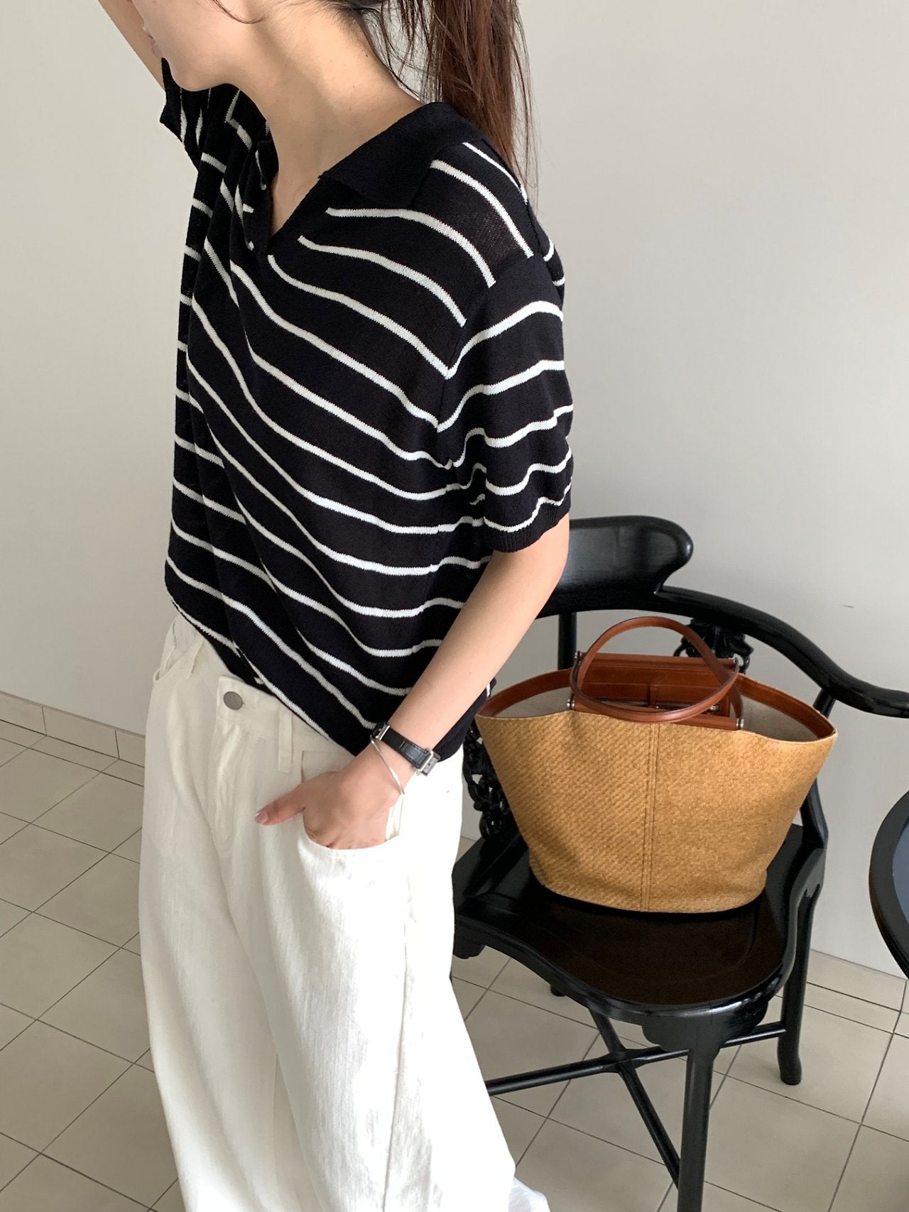 Linen striped knit top