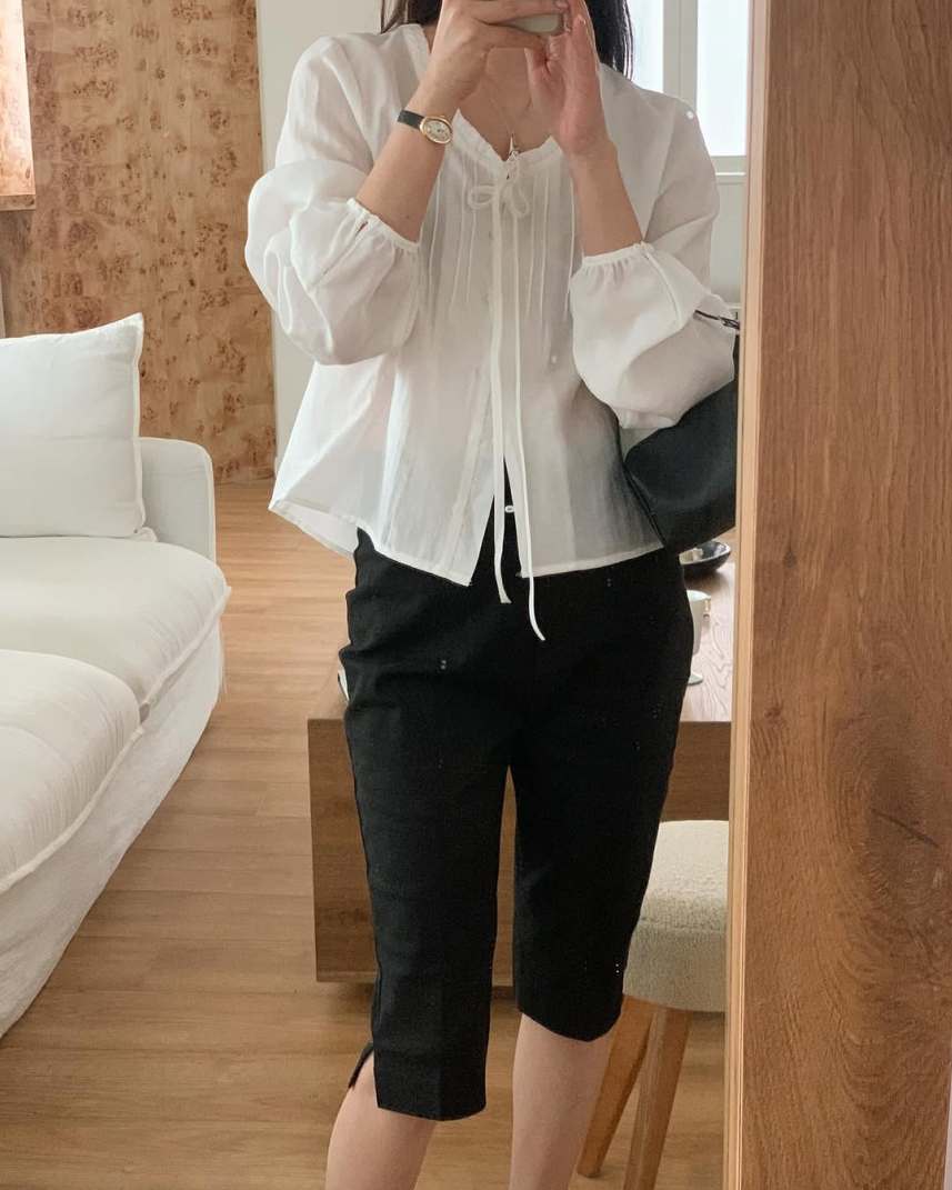 Lace neckline pintuck blouse