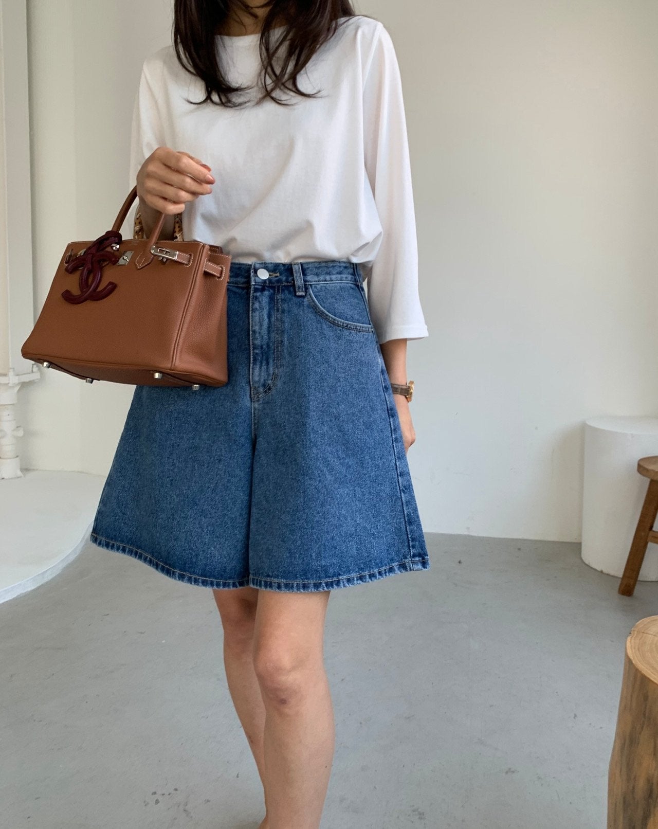 A line denim shorts