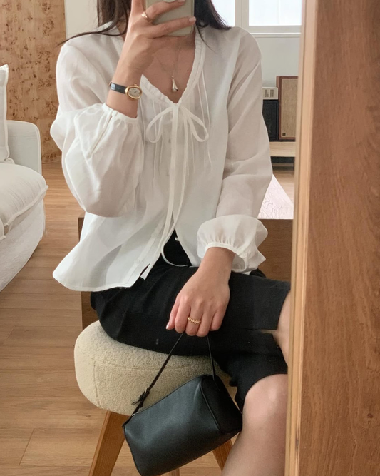 Lace neckline pintuck blouse