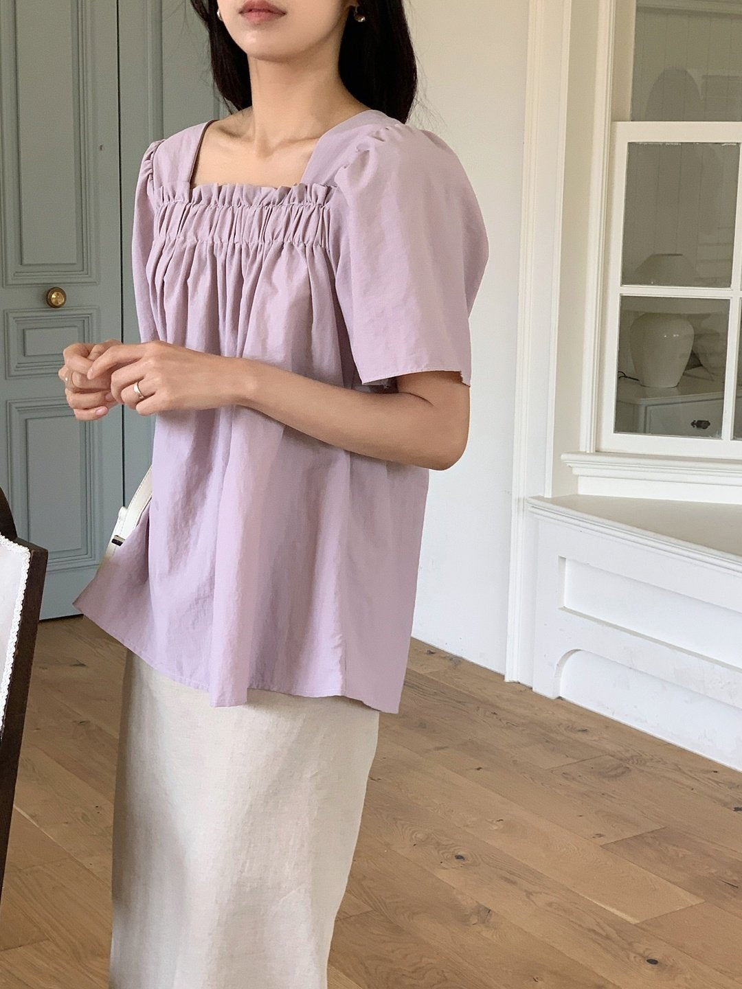 Nylon shirring blouse