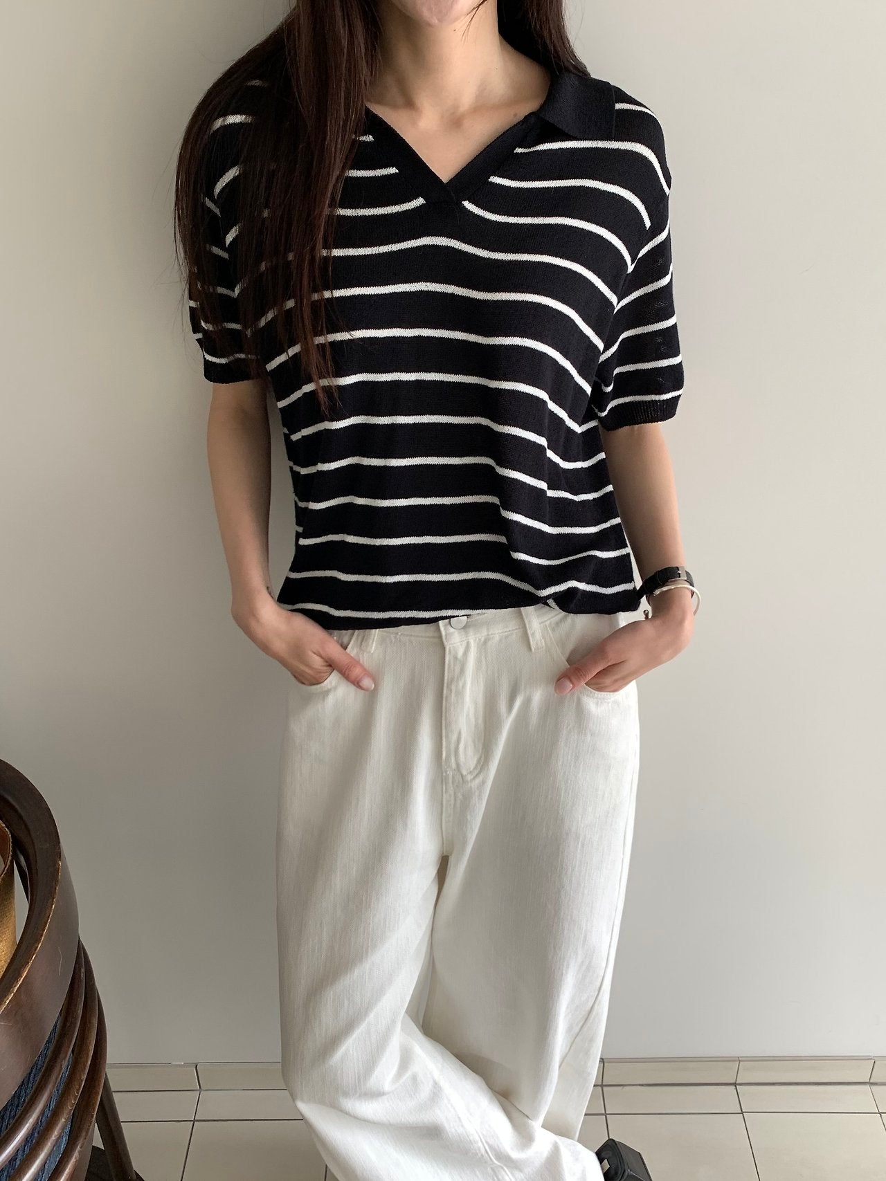 Linen striped knit top