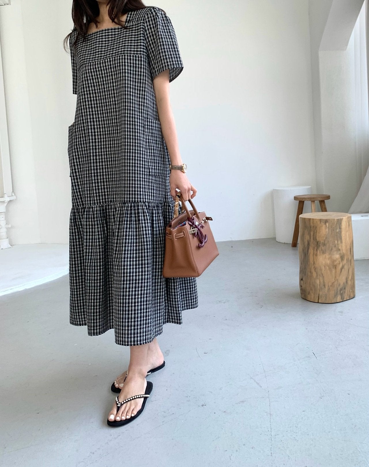 Seersucker square neck dress