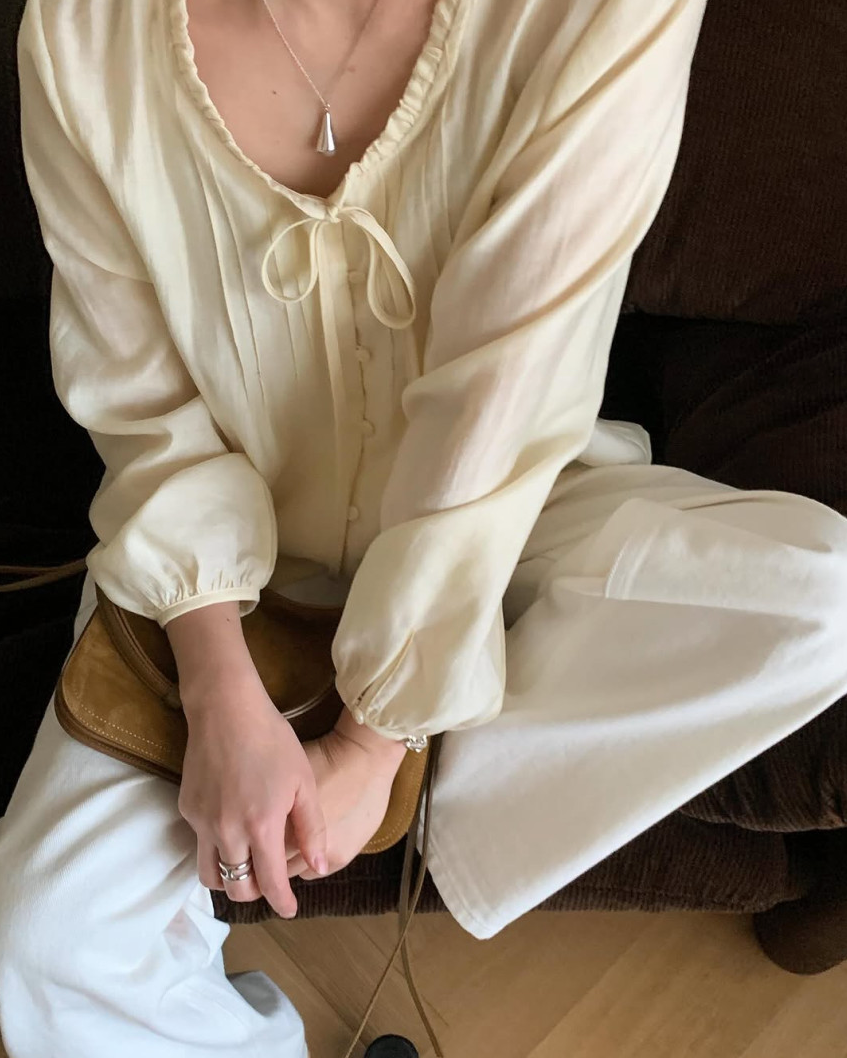 Lace neckline pintuck blouse