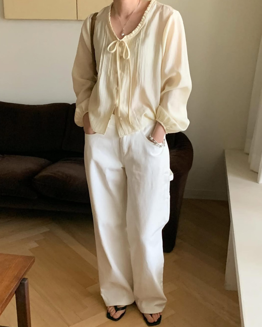 Lace neckline pintuck blouse