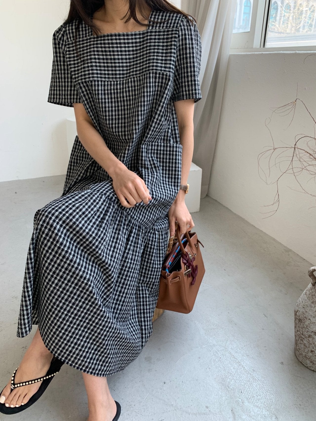 Seersucker square neck dress