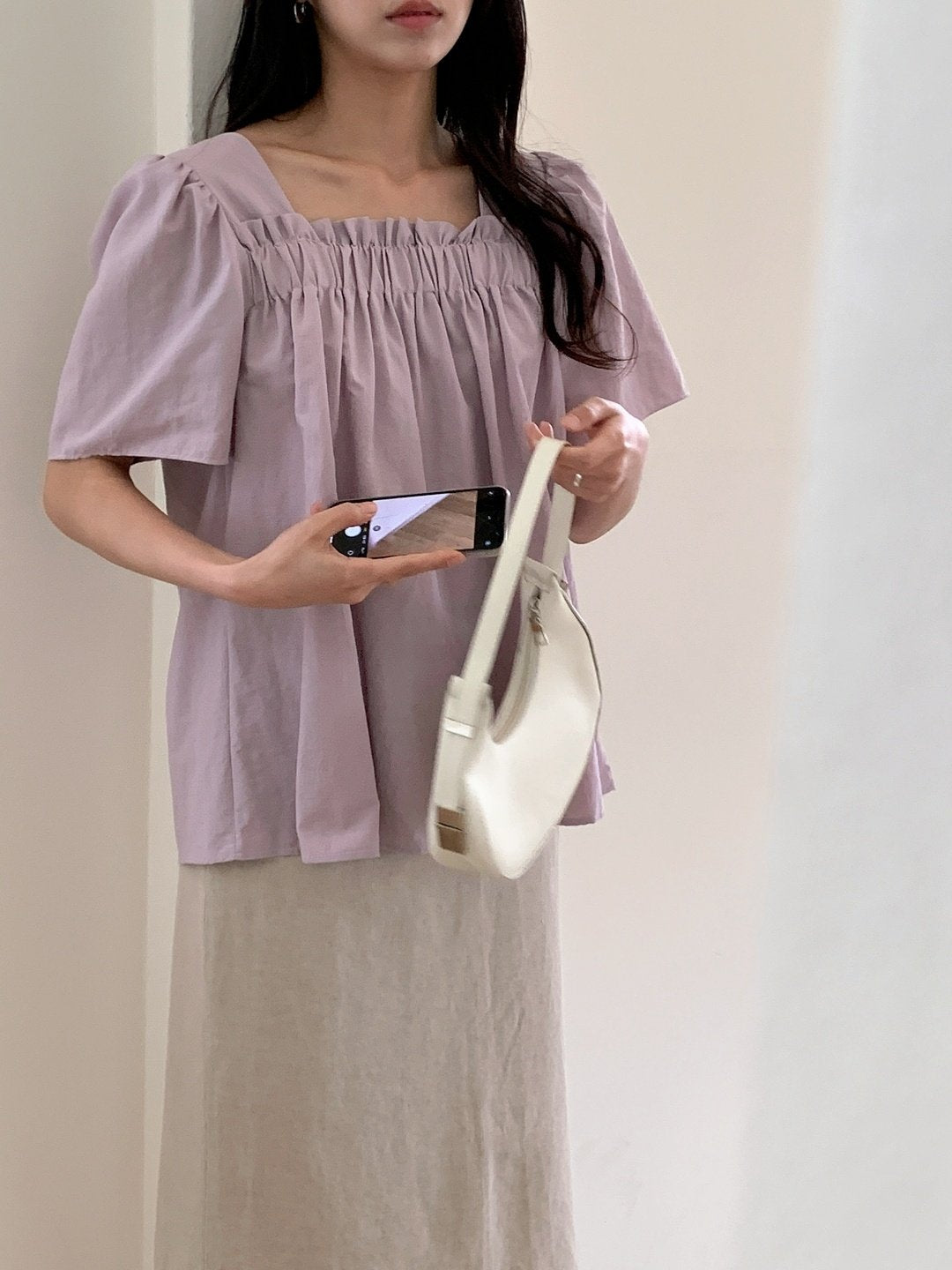 Nylon shirring blouse