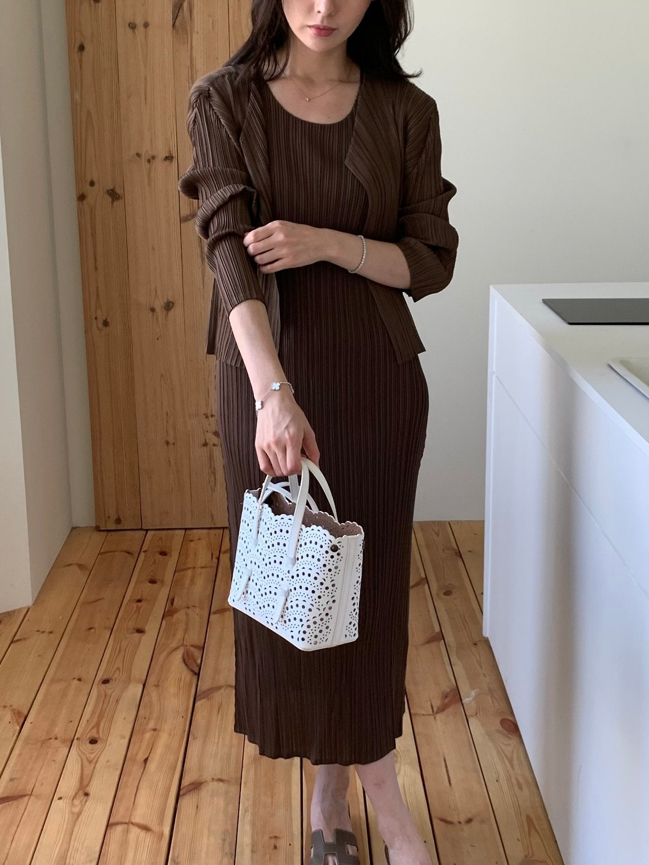 Pleats cardigan set