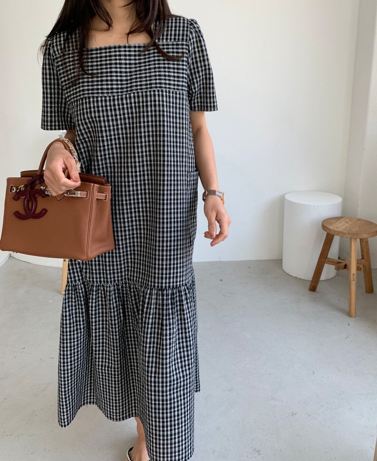 Seersucker square neck dress