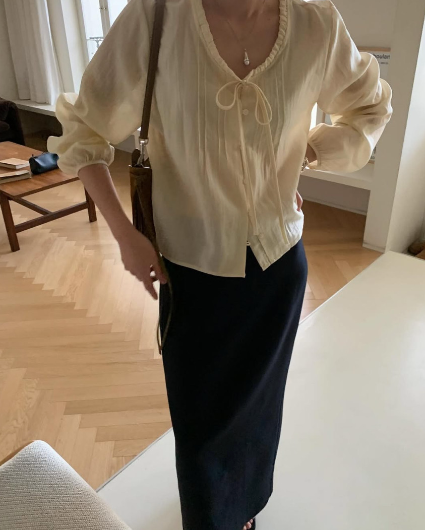 Lace neckline pintuck blouse