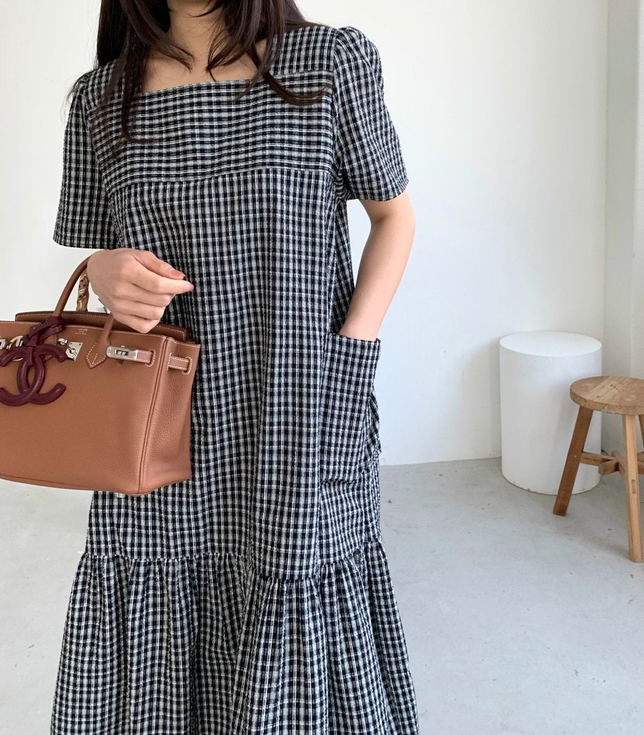 Seersucker square neck dress