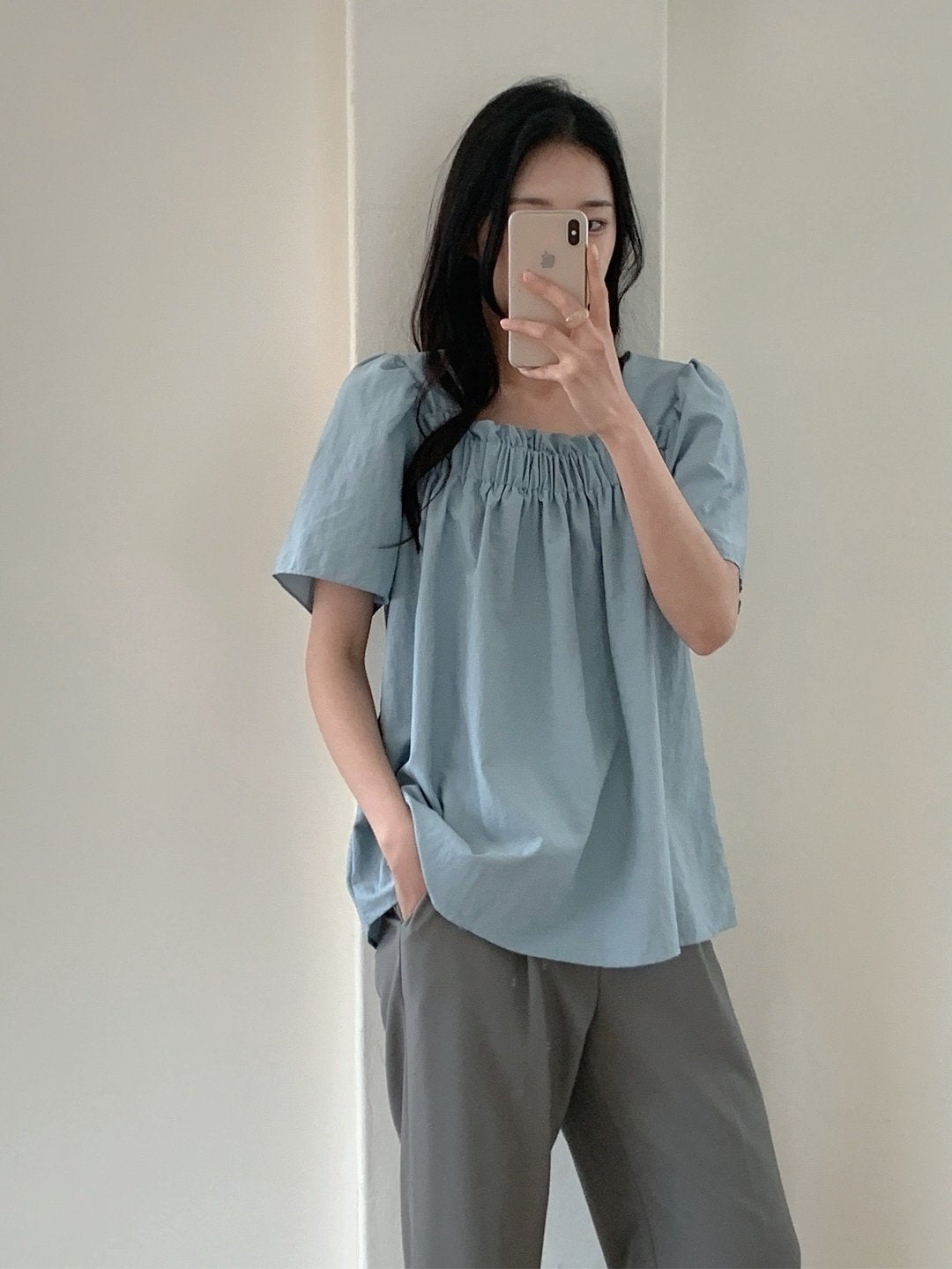 Nylon shirring blouse
