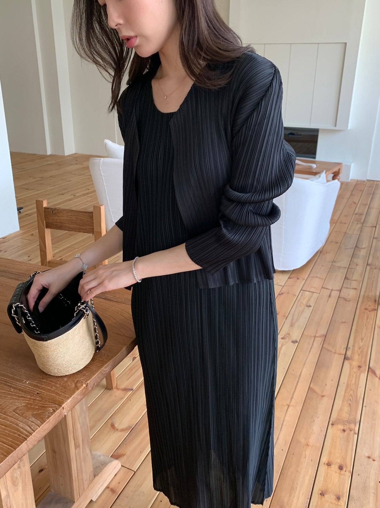 Pleats cardigan set