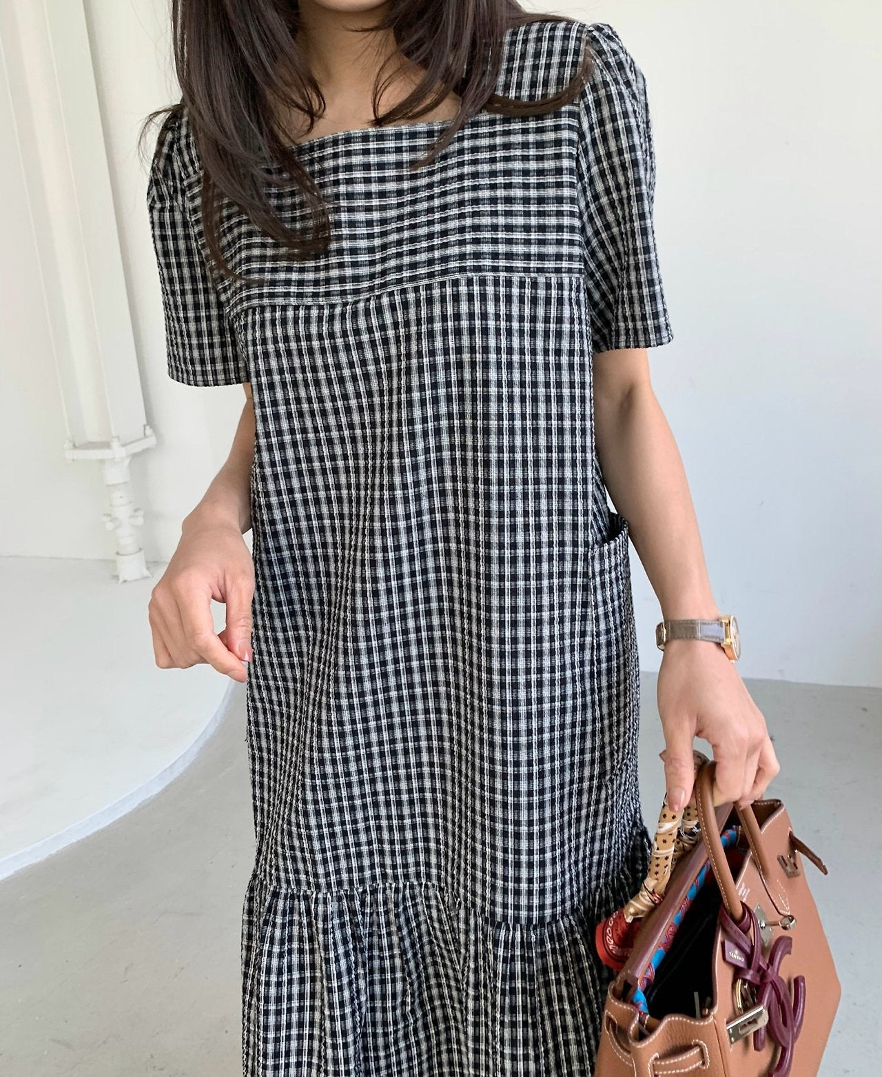 Seersucker square neck dress