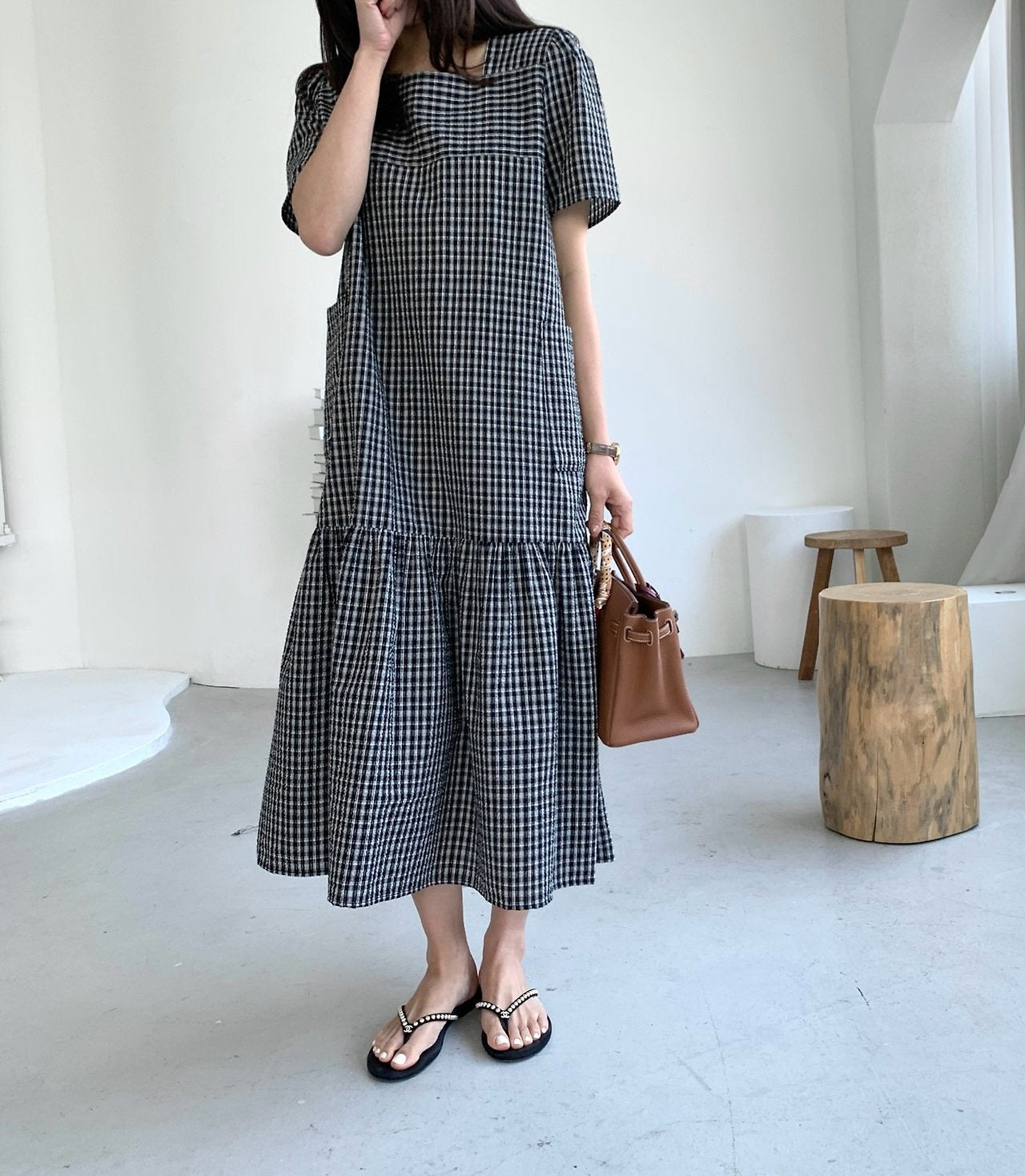 Seersucker square neck dress