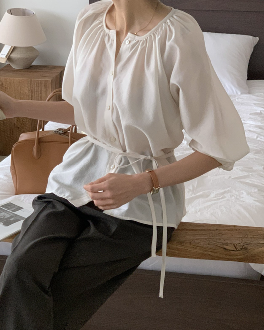 Silky Gathered Puff-Sleeve Blouse