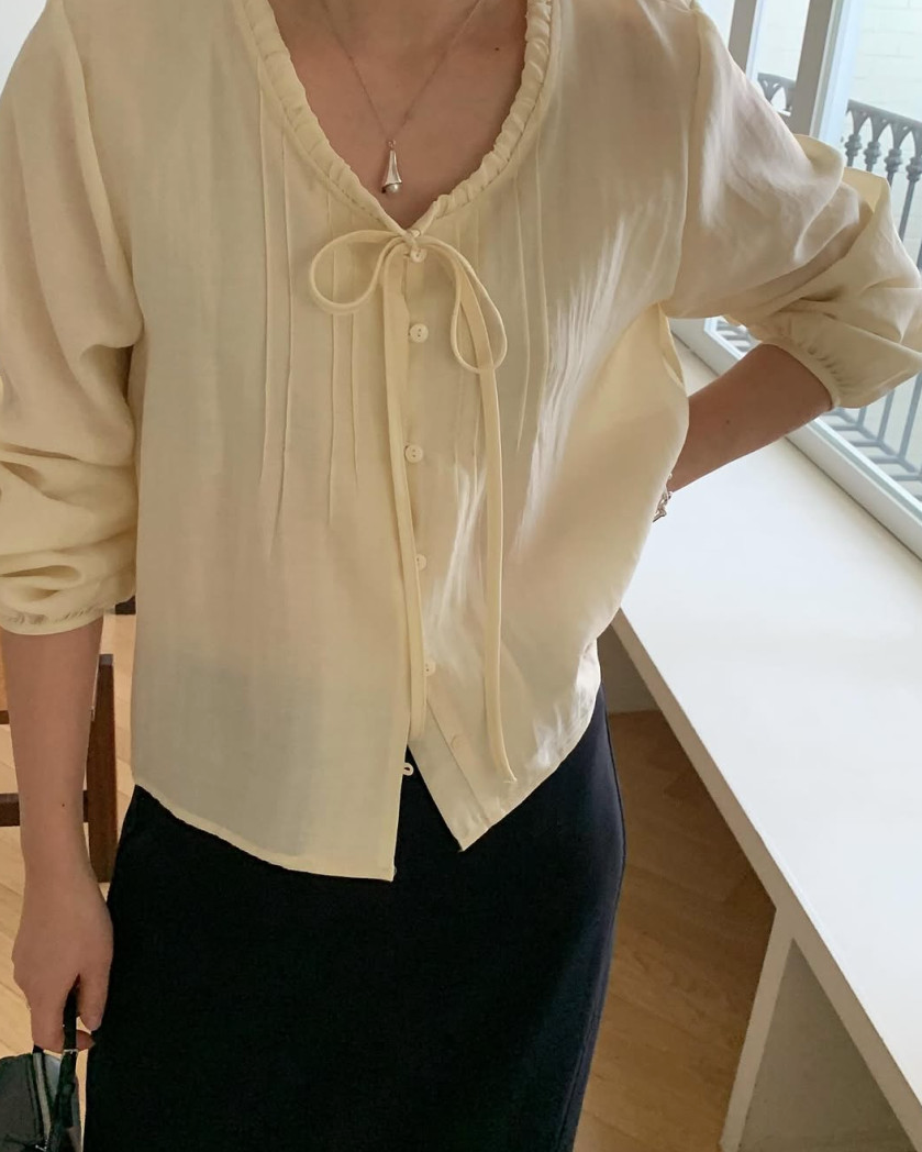 Lace neckline pintuck blouse