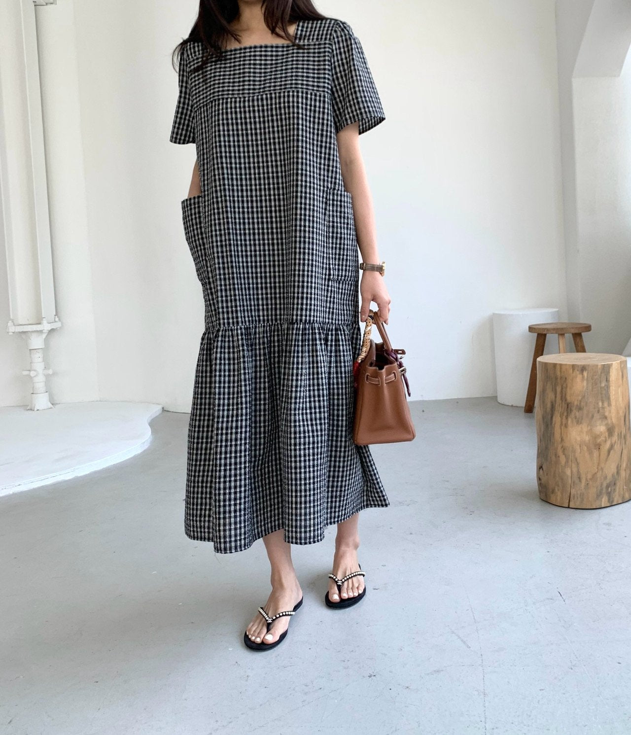 Seersucker square neck dress