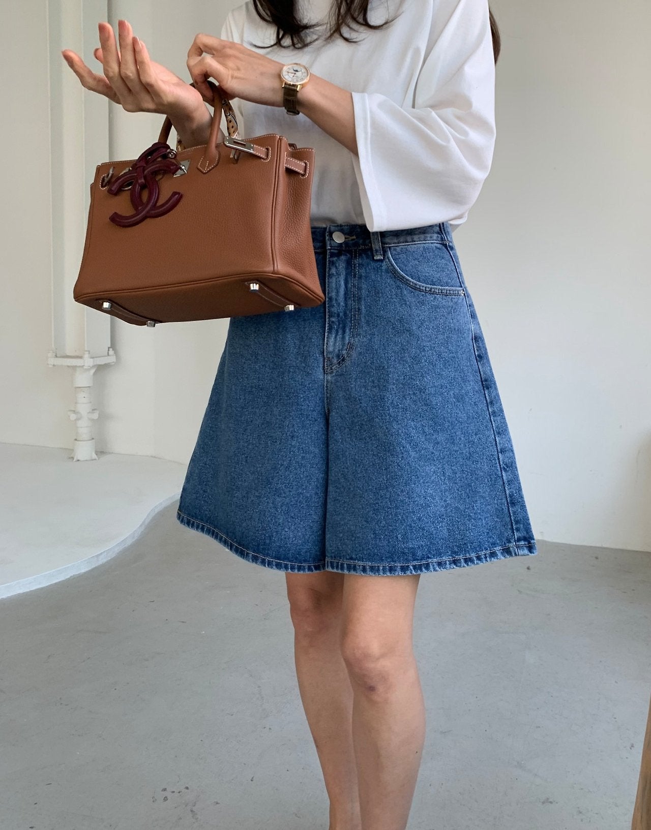 A line denim shorts