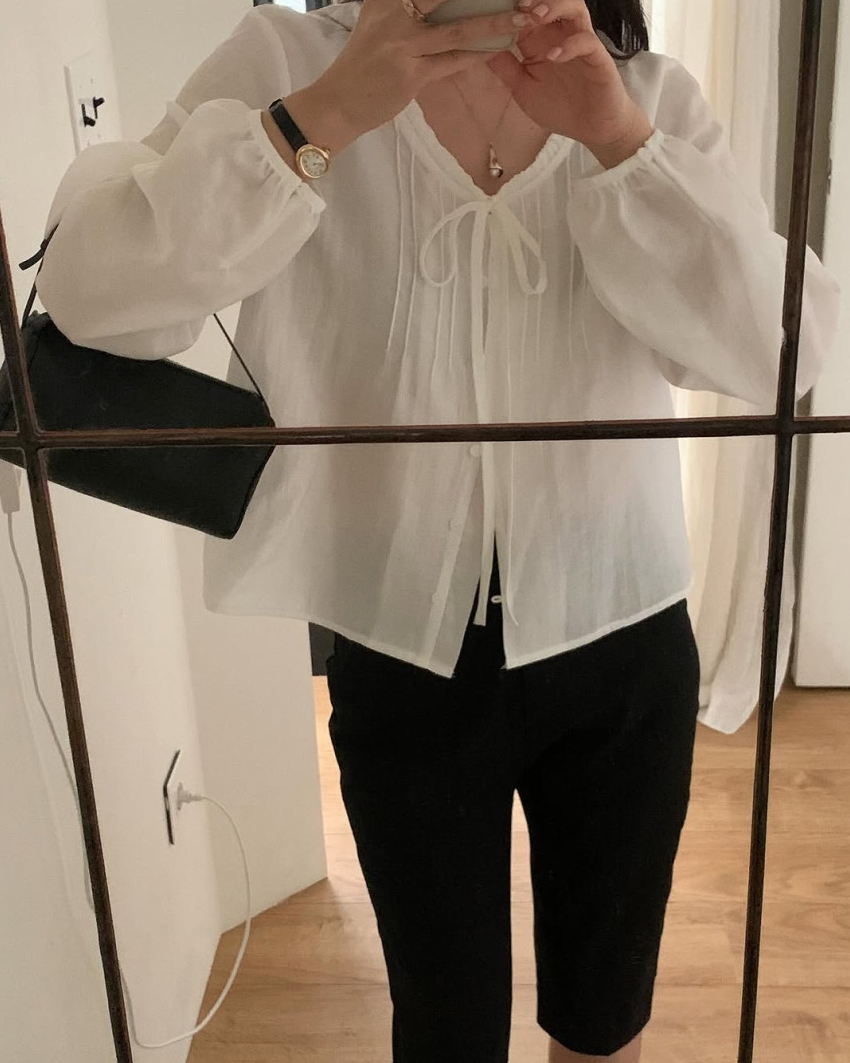 Lace neckline pintuck blouse
