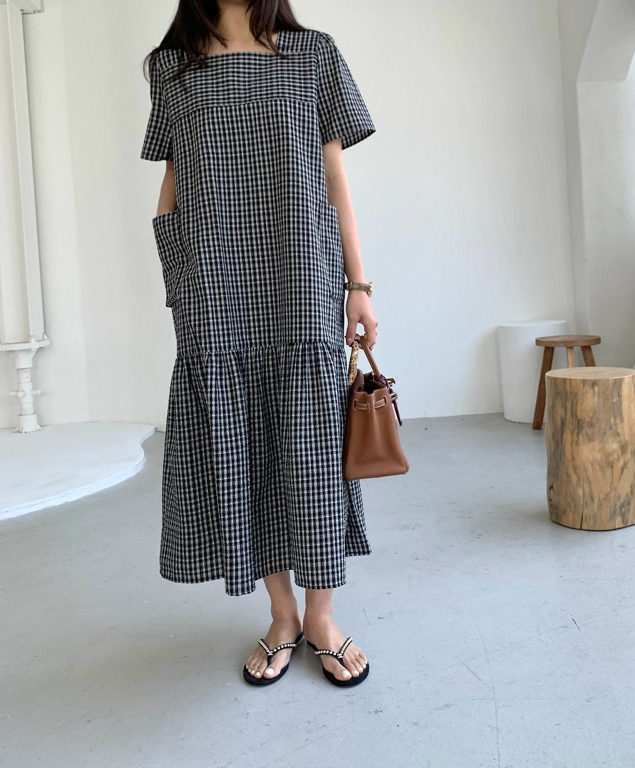 Seersucker square neck dress
