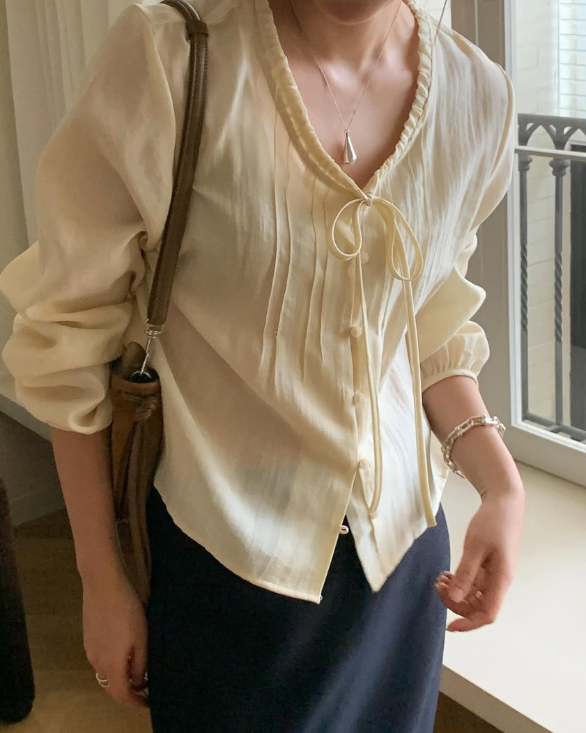 Lace neckline pintuck blouse