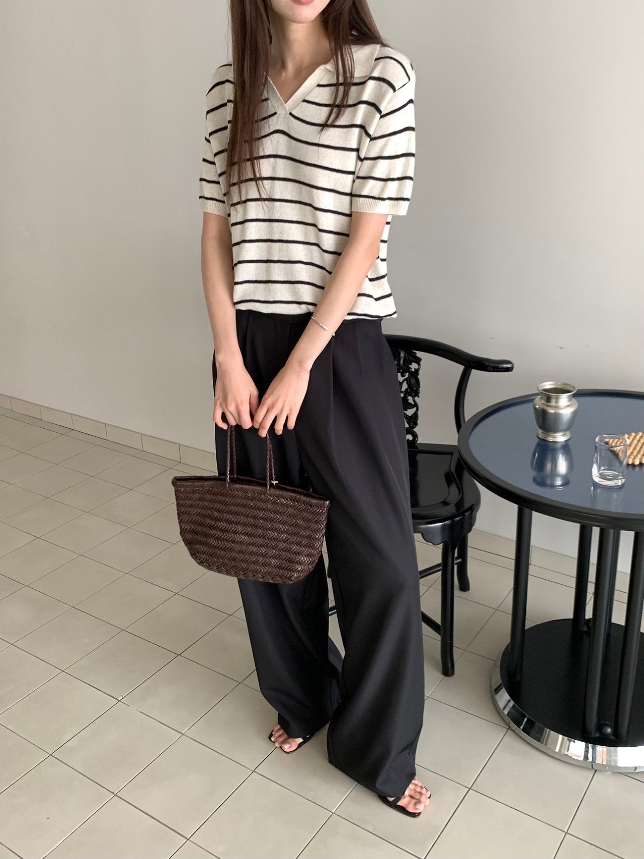 Linen striped knit top