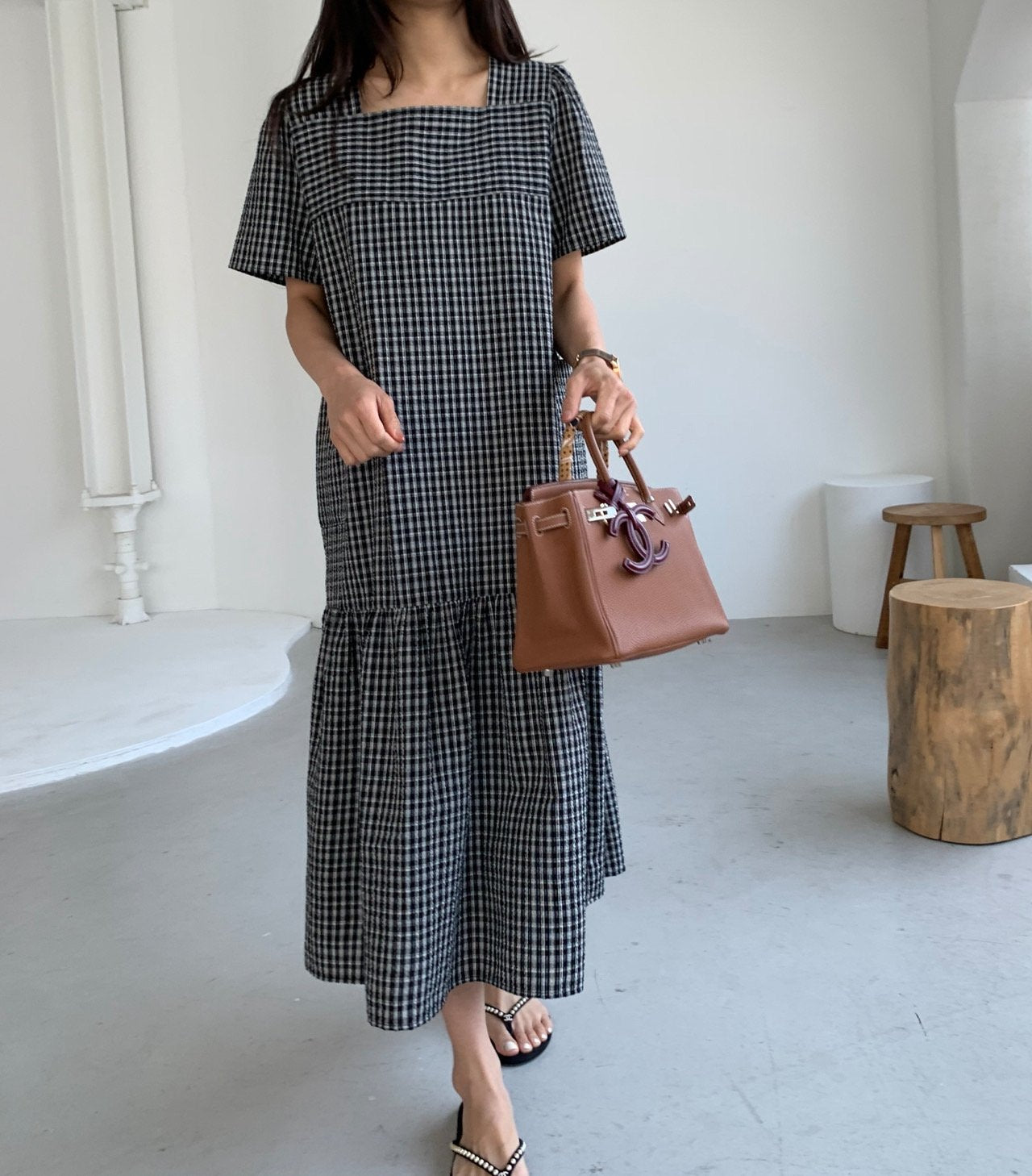 Seersucker square neck dress
