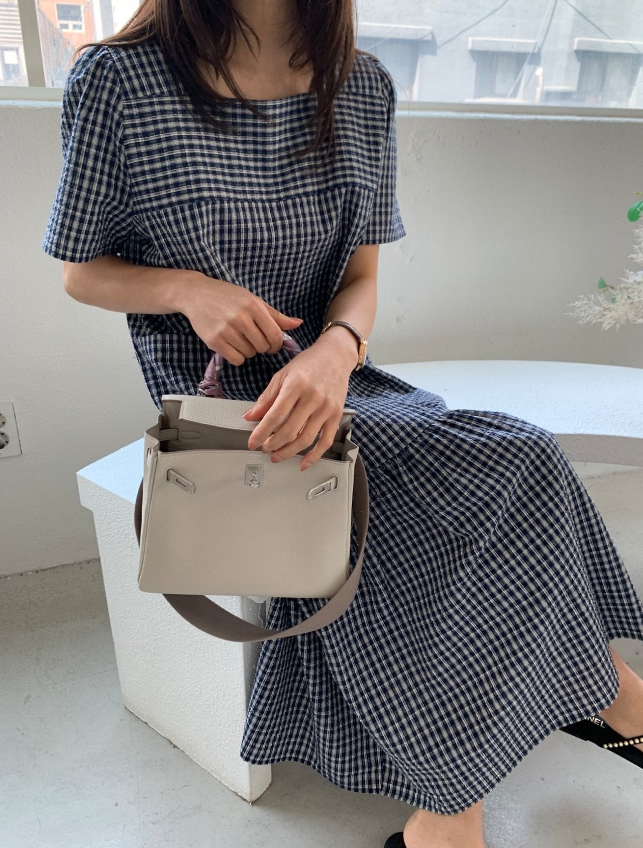 Seersucker square neck dress