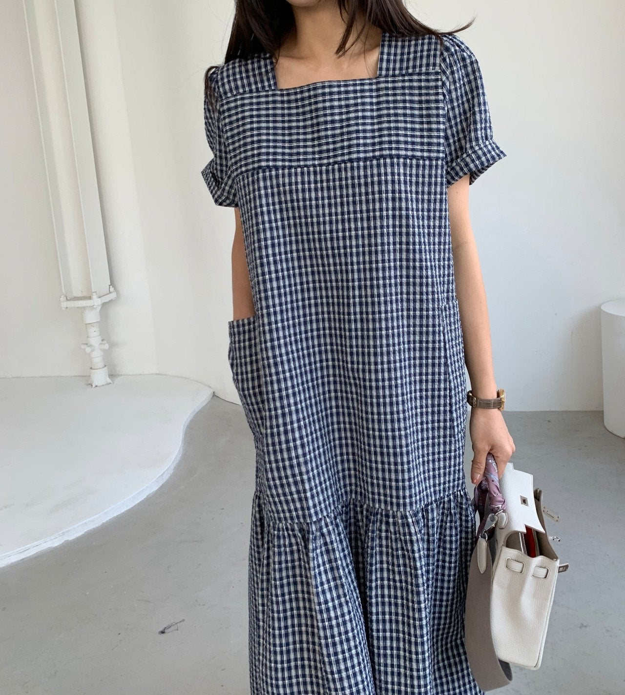 Seersucker square neck dress